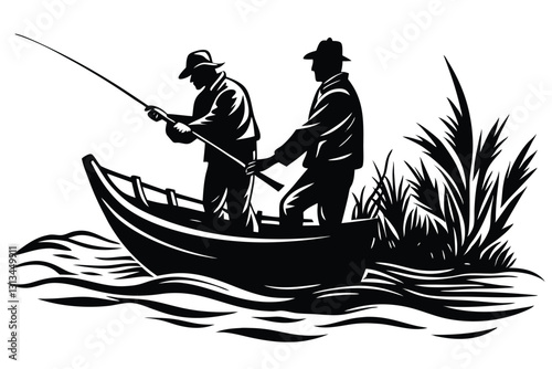 A man is fishing on a boat vector silhouettes