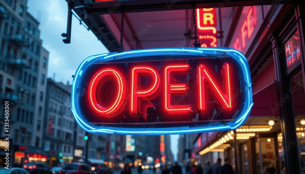 Obraz premium Bright Neon Open Sign Glowing in Urban Street at Dusk