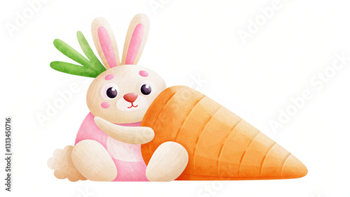 chubby bunny hugging large carrot like plush toy, exuding joy