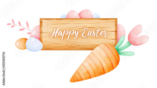 Happy Easter sign with colorful eggs and carrot illustration