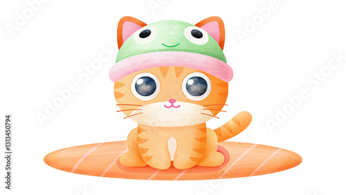 Cute kitty with big eyes wearing frog beanie, sitting on mat