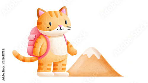 playful kitty ready for adventure with mini backpack near mountain