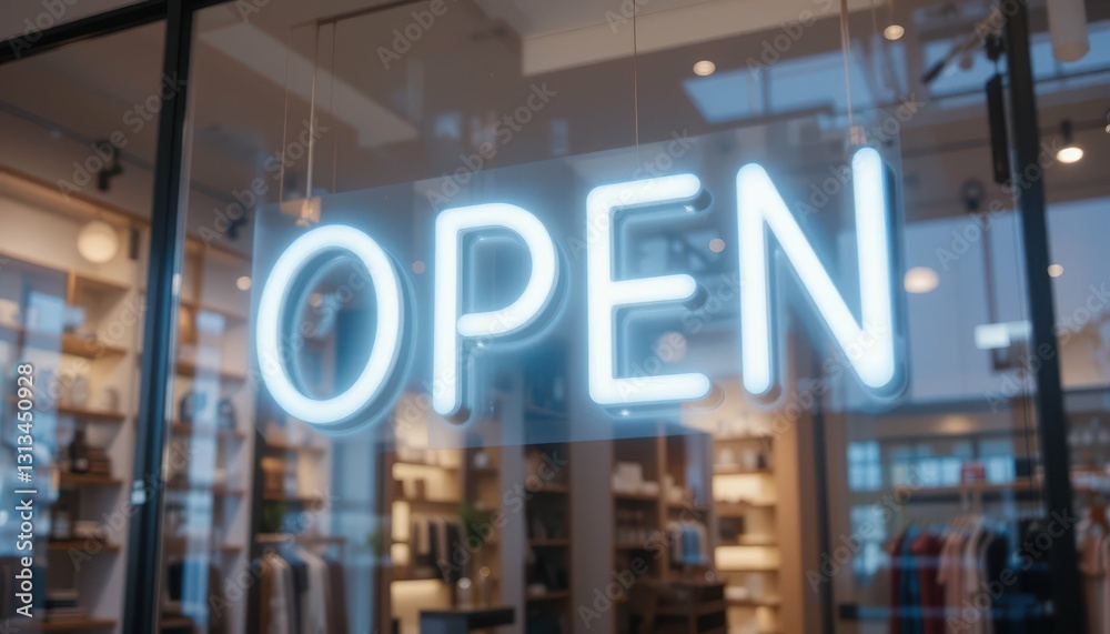 Bright Neon Open Sign Illuminating Storefront at Dusk Bright Neon Open Sign Illuminating Storefront at Dusk