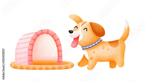 Happy dog wagging its tail next to colorful doghouse, expressing joy