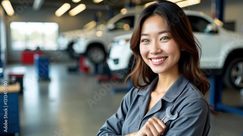 A confident woman technician stands in a modern auto repair shop, smiling while holding a wrench, embodying professionalism and expertise in automotive service.