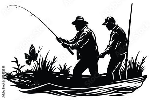 Fisherman in boat silhouette vector