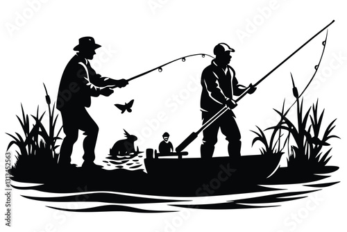 Fisherman in boat silhouette vector