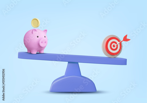 3D illustration vector render of scale icon with piggy bank and financial goal. Concept of balancing between saving and investment to achieve desired financial goal including systematic planning.