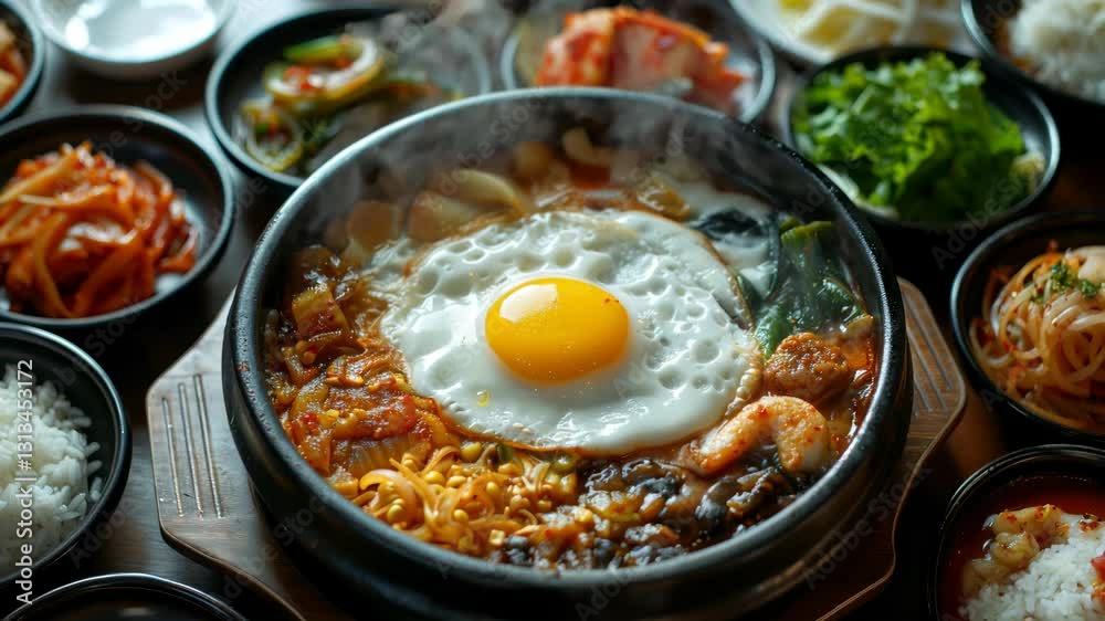 A vibrant Korean meal featuring bubbling rice topped with a sunny-side-up egg, surrounded by an array of traditional side dishes and vegetables. A vibrant Korean meal featuring bubbling rice topped with a sunny-side-up egg, surrounded by an array of traditional side dishes and vegetables.