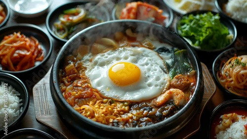 A vibrant Korean meal featuring bubbling rice topped with a sunny-side-up egg, surrounded by an array of traditional side dishes and vegetables.