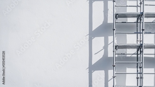 Empty White Wall with Metal Scaffolding Shadows in Bright Light