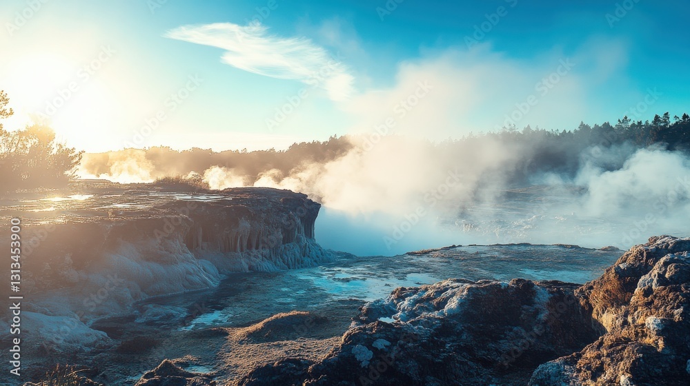 Fototapeta premium Serene geothermal landscape with steaming vents under a clear blue sky at sunrise