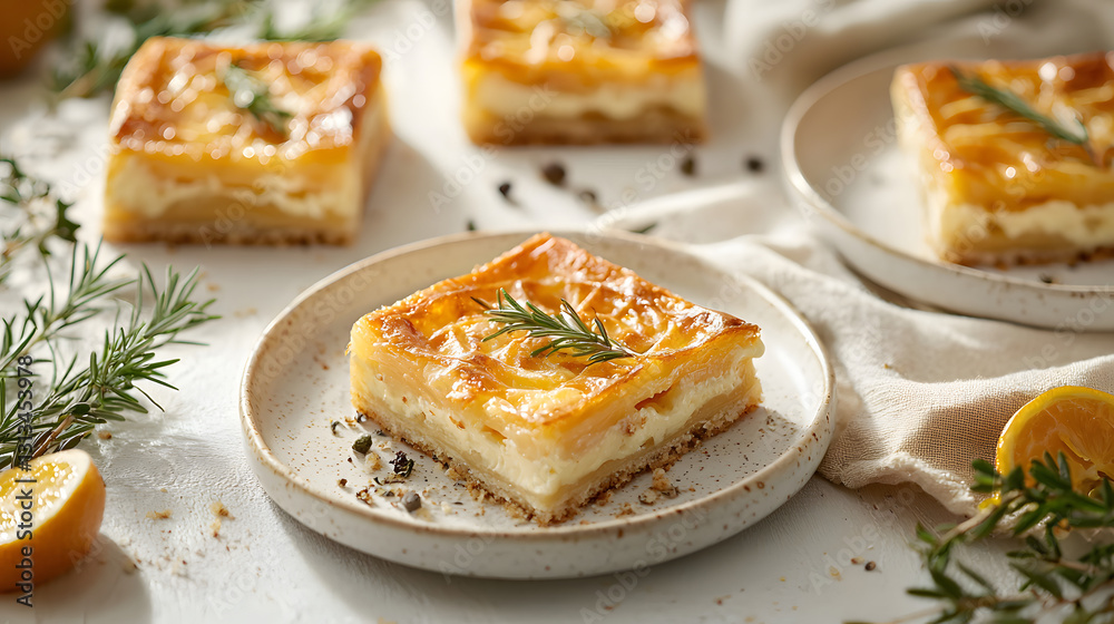 Delicious Kardinalschnitten Dessert Cut into Small Squares with Garnish and Fresh Ingredients Delicious Kardinalschnitten Dessert Cut into Small Squares with Garnish and Fresh Ingredients