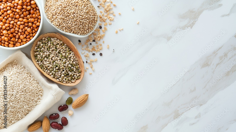 Variety of Natural Grains and Nuts on Elegant Marble Background