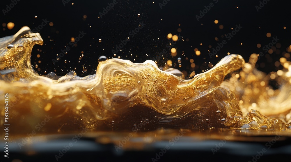 Golden liquid splashing on black background. Ideal for luxury, beverage, or oil ads. Golden liquid splashing on black background. Ideal for luxury, beverage, or oil ads.