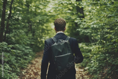 Man in Suit Walking Through Green Forest Path with Backpack on a Relaxing Adventure