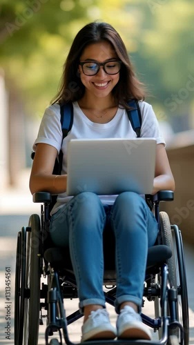 A smiling young woman in a wheelchair uses a laptop outdoors, showcasing accessibility and positivity in a vibrant environment.