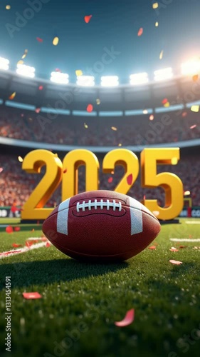 A vibrant football scene showcasing a ball in focus with the year 2025 prominently displayed, set against a cheering stadium backdrop and colorful confetti.