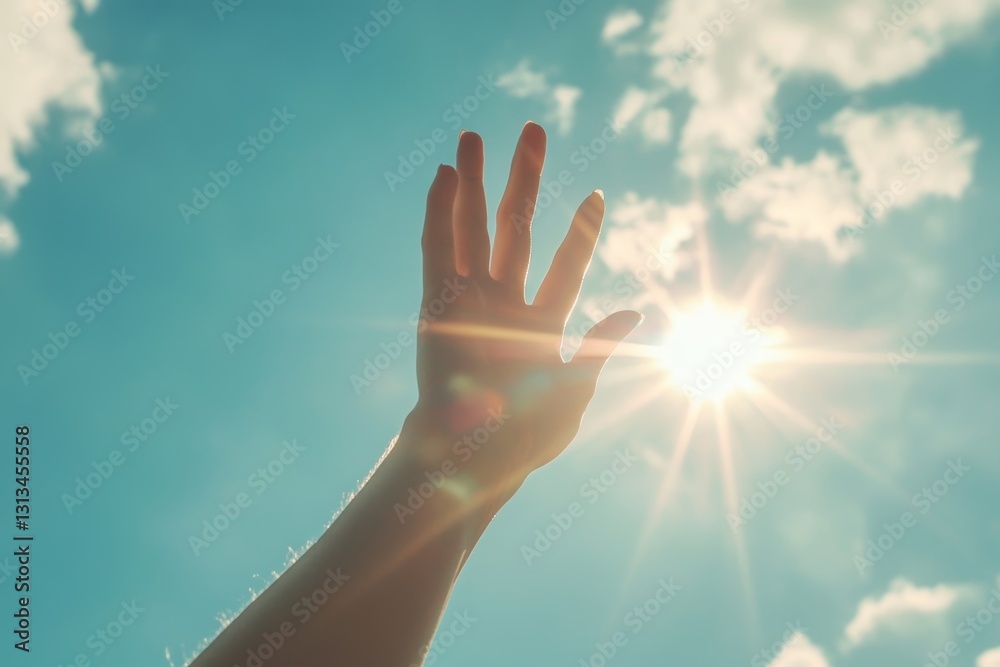 Hand Reaching Towards Bright Sunlight in Blue Sky with Clouds Hand Reaching Towards Bright Sunlight in Blue Sky with Clouds