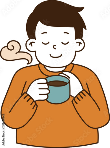 A man who relaxes by drinking warm coffee. minimal line art vector illustration.