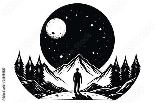A silhouette of a hiker standing on the peak of a mountain with a full moon behind them