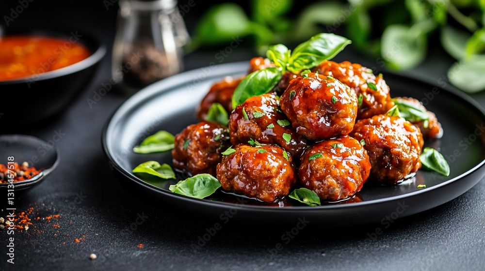 Glazed meatballs on black plate with basil. Glazed meatballs on black plate with basil.