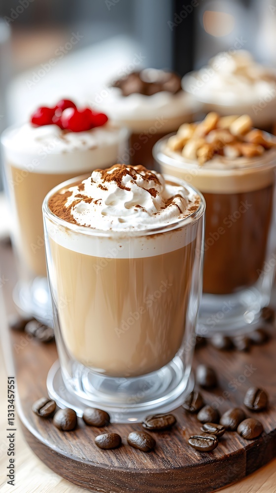Aesthetic display of bulletproof coffee variations in a vibrant setting featuring whipped cream and tasty decor Aesthetic display of bulletproof coffee variations in a vibrant setting featuring whipped cream and tasty decor