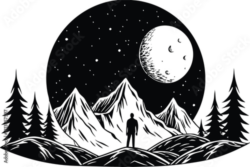 A silhouette of a hiker standing on the peak of a mountain with a full moon behind them