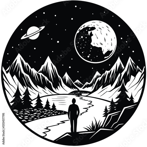 A silhouette of a hiker standing on the peak of a mountain with a full moon behind them