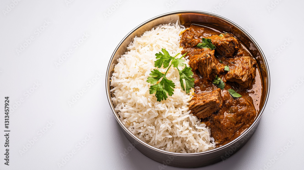 Delicious mutton curry served with fluffy white rice, garnished with fresh herbs Delicious mutton curry served with fluffy white rice, garnished with fresh herbs