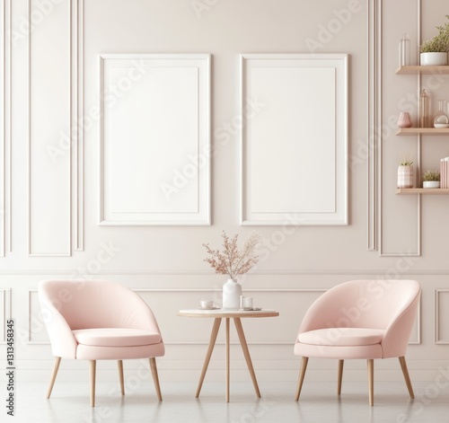 Pink Living Room Mockup with Empty Frames  1 