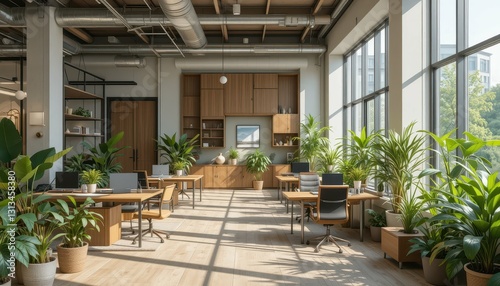 Modern Office Interior with Natural Light and Green Plants Decor