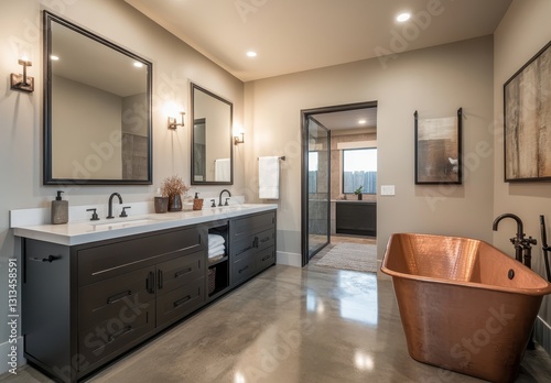 Elegant contemporary bathroom with dual mirrors, copper bathtub, minimalist decor, and modern fixtures in a spacious, well-lit environment