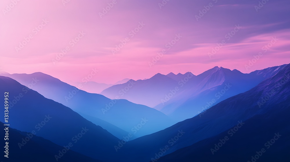 The layered majestic mountain ranges are beneath a colored dreamy sky