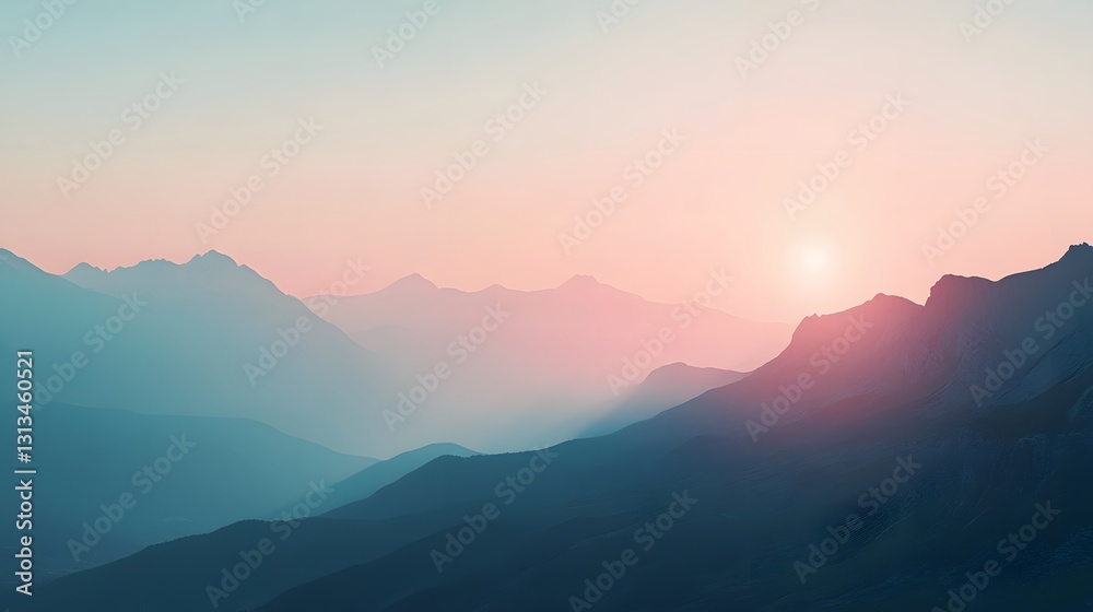 Beautiful sunrise illuminates mountain ranges with a soft color palette Beautiful sunrise illuminates mountain ranges with a soft color palette