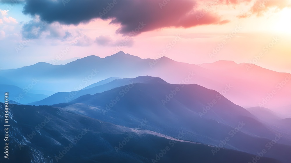 Serene mountain ranges under a beautiful and colorful sky Serene mountain ranges under a beautiful and colorful sky