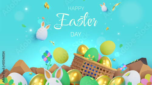 Colorful Happy Easter template with cute elements such as bunnies, eggs, egg basket, flowers, golden ribbons and stones with glow and bokeh effect decoration on bright blue background.