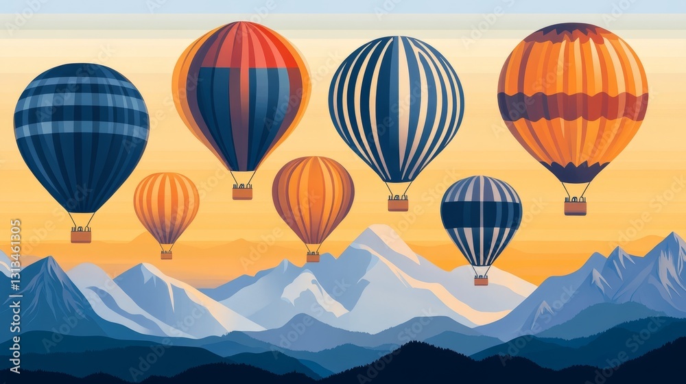 Obraz premium Pixelated Hot Air Balloons Above Mountain Range Retro Style Scenic Flight Colorful Vector Illustration Peaceful Exploration Adventure