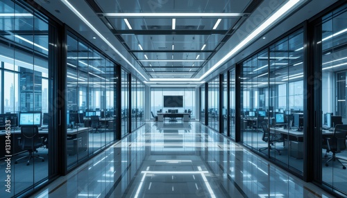 Modern Open Office Space with Glass Walls and High-Tech Design