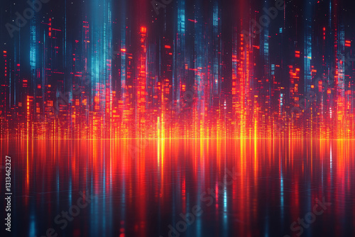 Futuristic digital cityscape with glowing lights and reflections