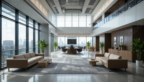 Modern Office Interior with Large Windows and City View