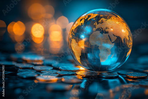 glowing globe on coins symbolizes global finance and investment