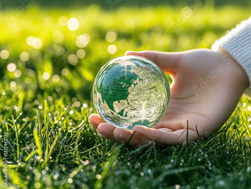 Hand holding a transparent globe with a world map over green grass.