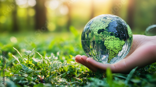 Hand holding a transparent globe over green plants with sunlight reflections.