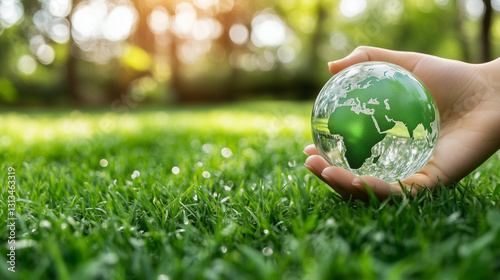 Hand holding a transparent globe over green grass with sunlight reflections.