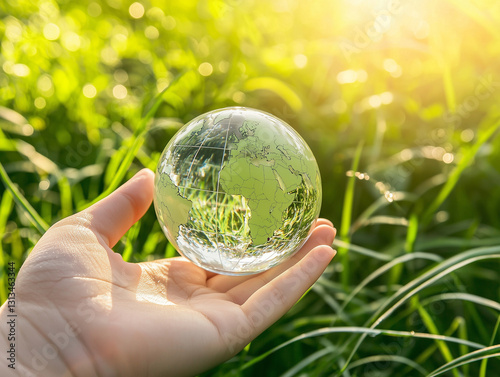 Hand holding a transparent globe over green grass with sunlight reflections.