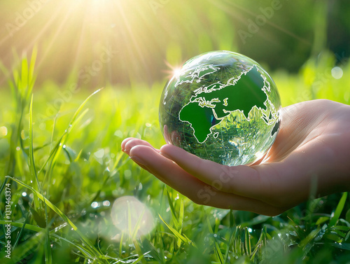 Hand holding a glass globe over green grass with sunlight and reflections.