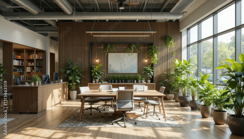 Fototapeta premium Modern Office Interior with Natural Light and Green Plants