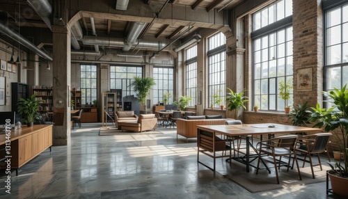 Modern Industrial Workspace with Large Windows and Abundant Plants