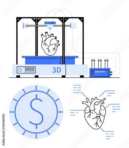 Modern 3D printer crafting human heart model paired with cost symbol and heart data flow highlighting innovation in bioprinting. Ideal for healthcare, technology, research, finance, education